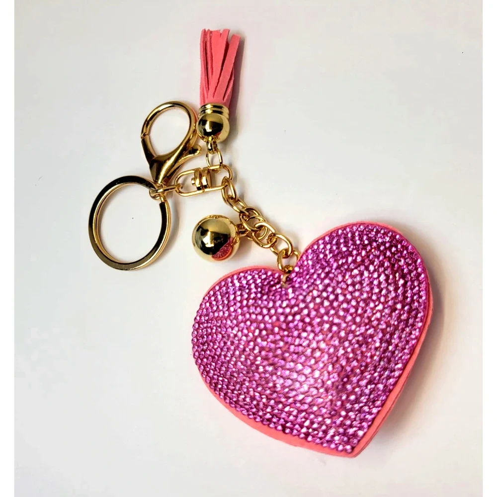 Heart‎ Rhinestone Bling Keychain Tassel Pink Tone Purse Bag Charm Gift Cute New